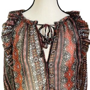 Lucky Brand Orange Brown Ruffled Tie-Front Balloon Sleeve Sheer‎ Boho Blouse M